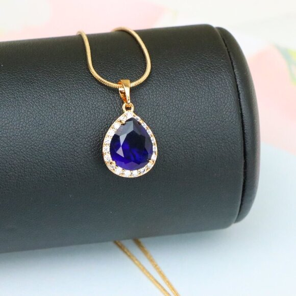 "Teardrop Deep Blue Pendant with Crystal Halo in Rose Gold Finish, XPPT1617 - Picture 13 of 13